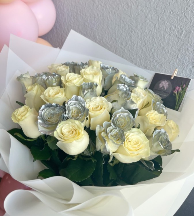 35 White and Silver Roses Hand Tied Bouquet