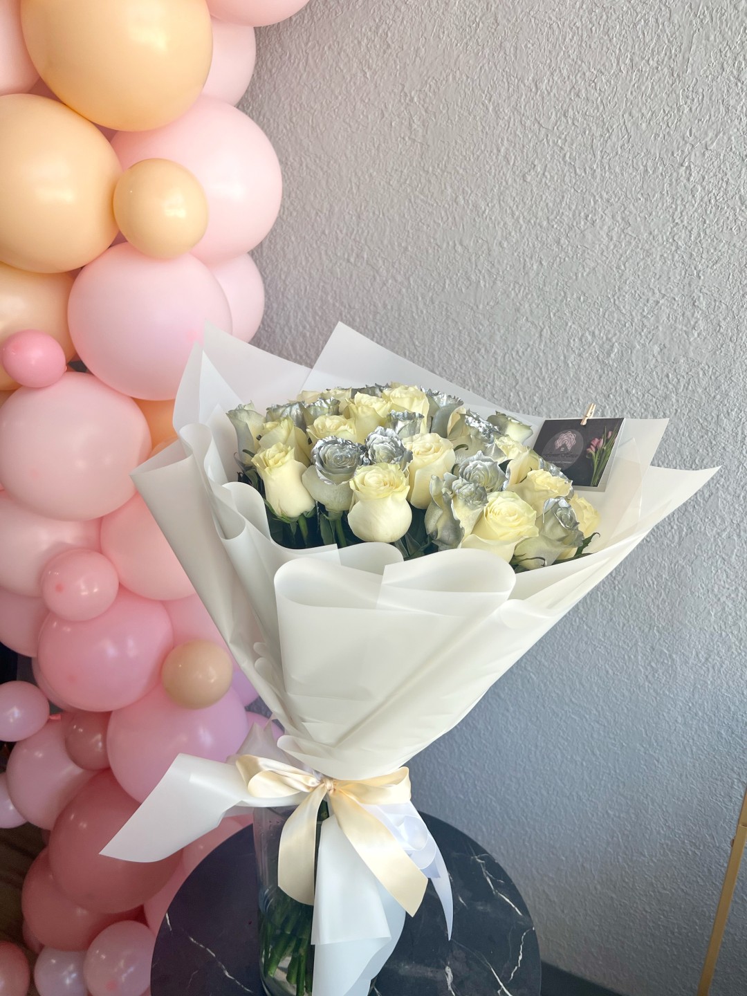 35 White and Silver Roses Hand Tied Bouquet