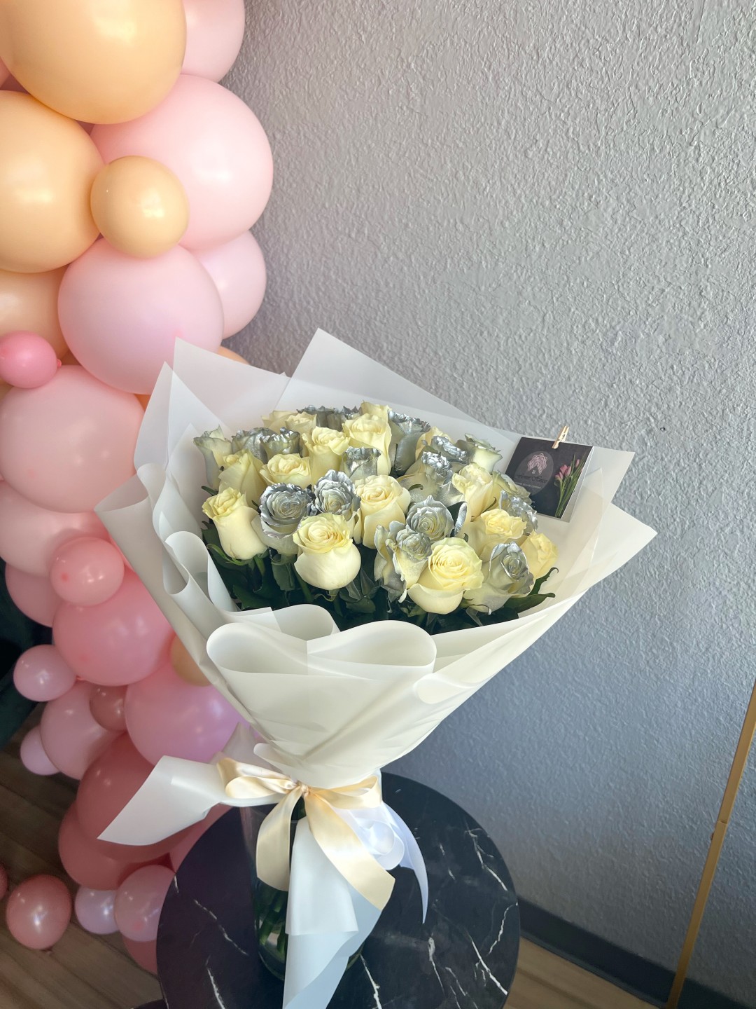 35 White and Silver Roses Hand Tied Bouquet