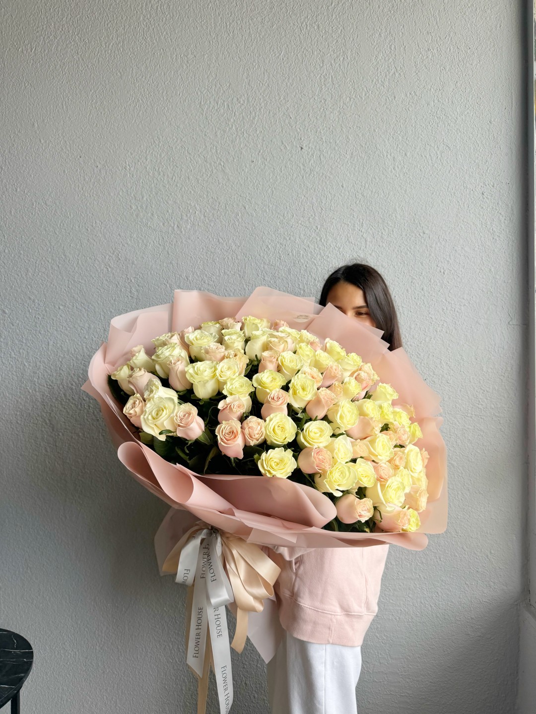 100 Light Pink & White Roses Bouquet