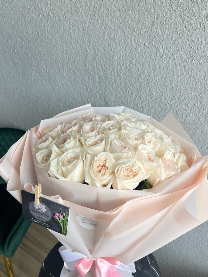 33 White Garden O'Hara Roses Hand Tied Bouquet 