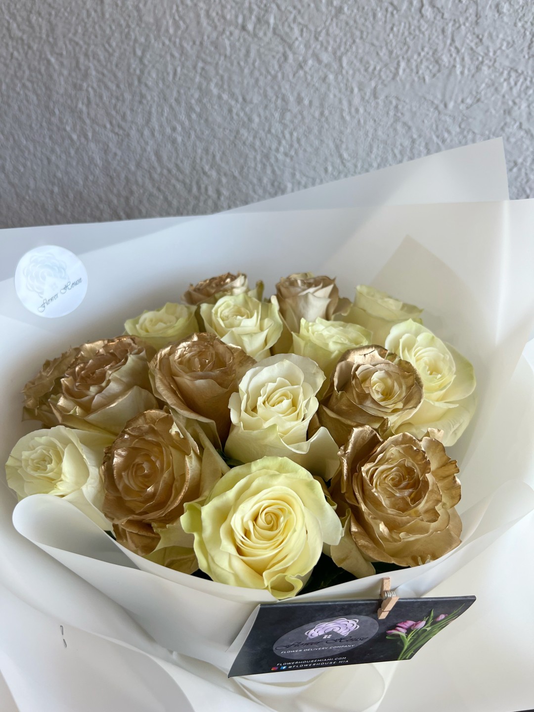 16 White and Gold Roses Hand Tied Bouquet