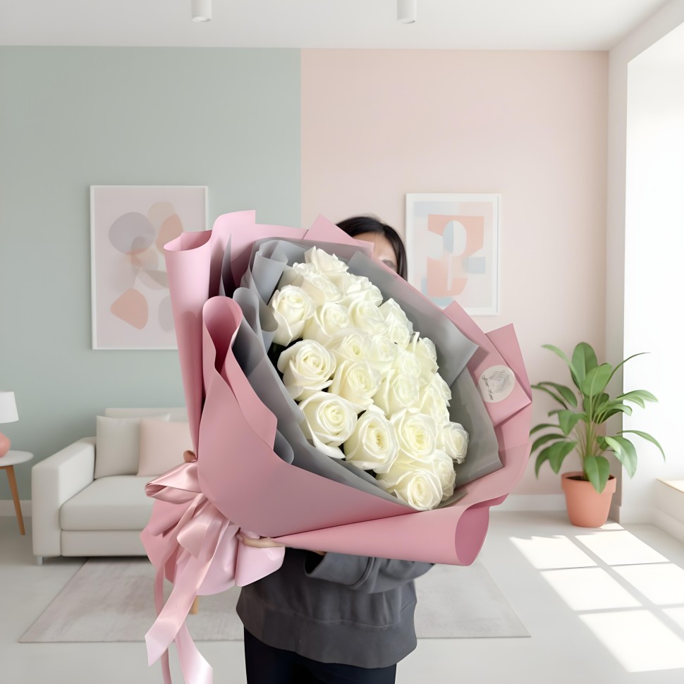 25 Fresh White Nova Roses Hand Tied Bouquet