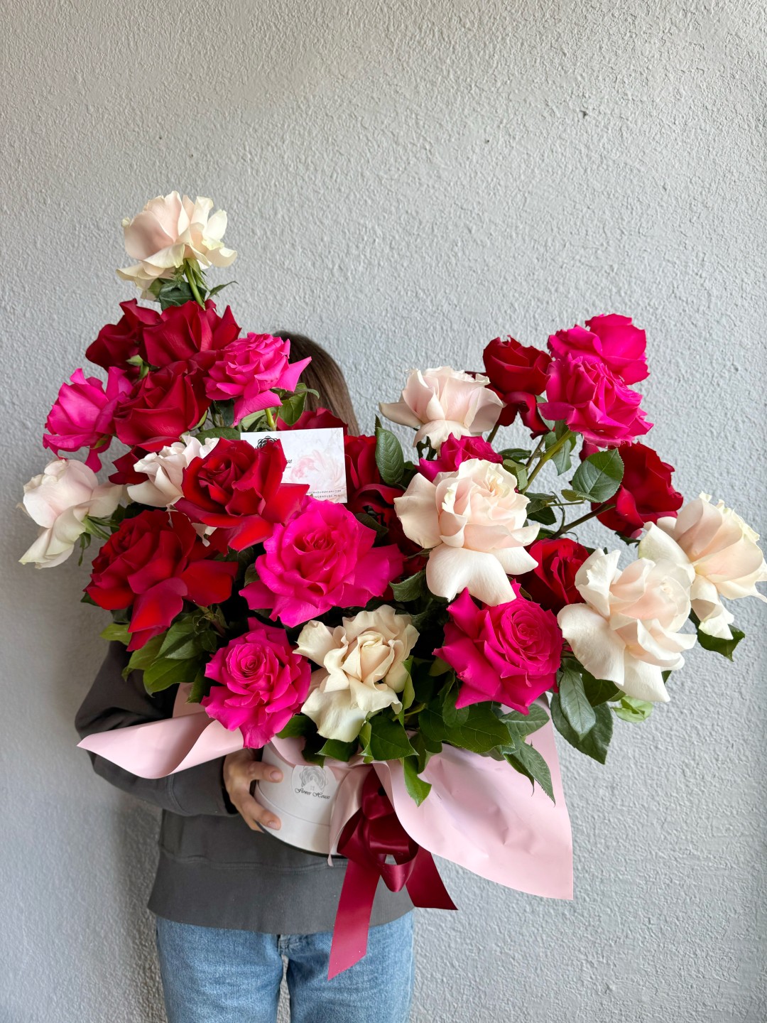 Assorted Roses Cloud Flower Box in Red, Light Pink & Hot Pink Assorted Roses Cloud Flower Box in Red, Light Pink & Hot Pink