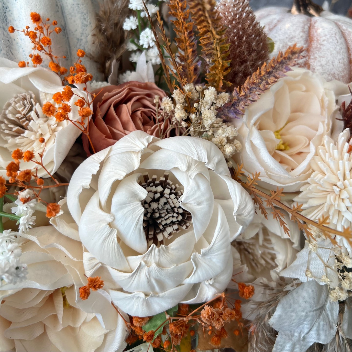 Large Thanksgiving arrangement with Sola wood flowers