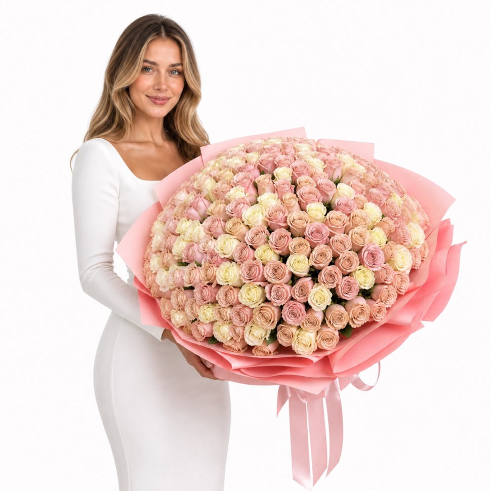 200 Pink & White Roses Grand Hand-Tied Bouquet