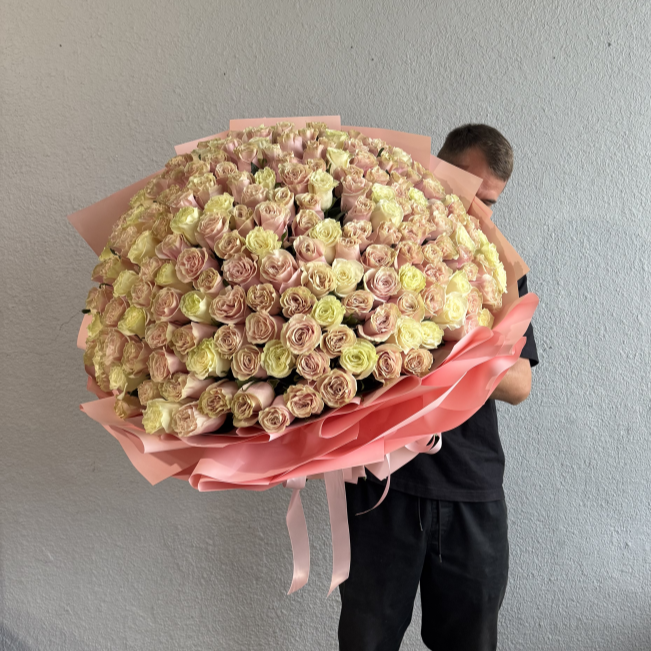 200 Pink & Cream Roses Grand Hand-Tied Bouquet 200 Pink & White Roses Grand Hand-Tied Bouquet