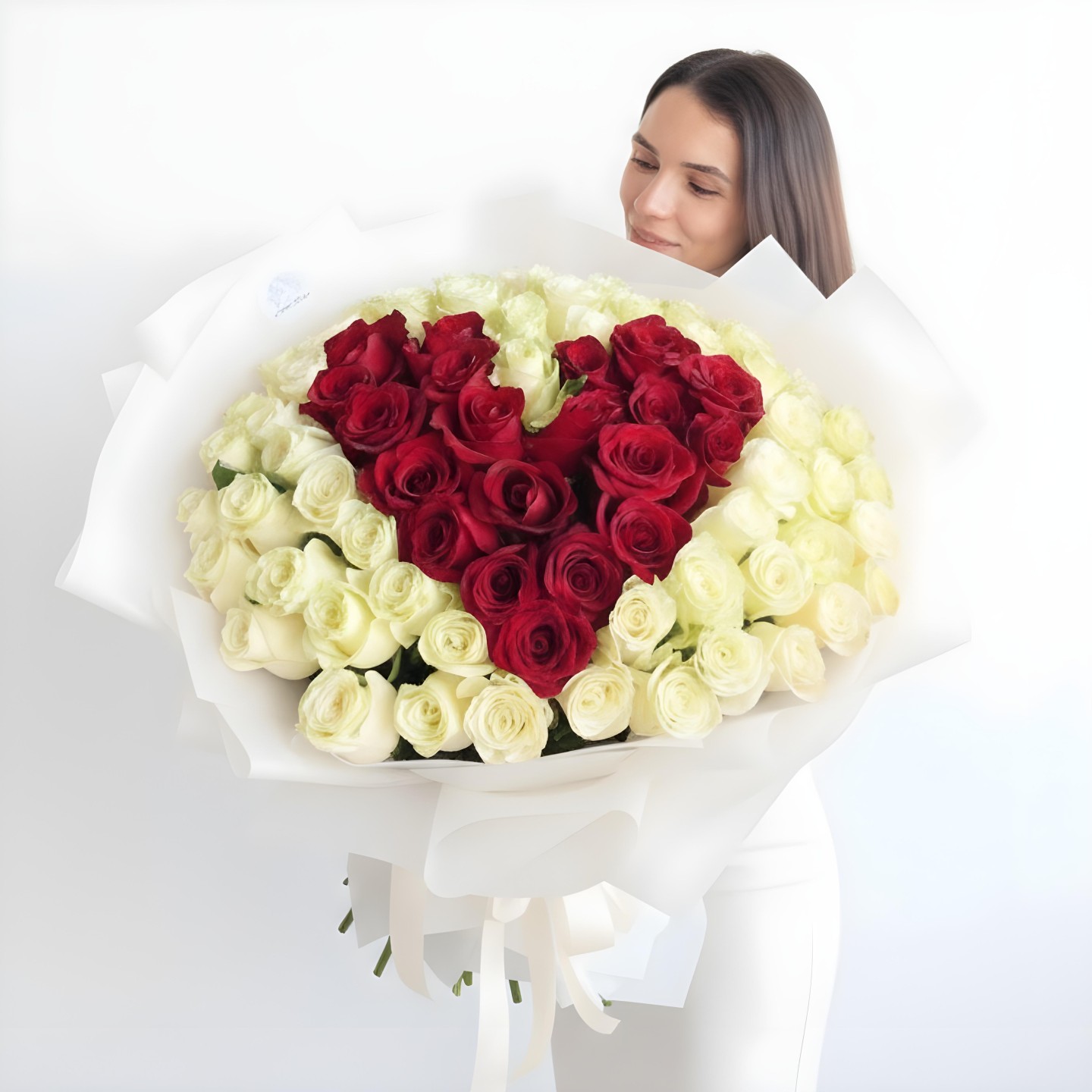 To The Moon And Back Hand-Tied Bouquet – Red & White Rose Arrangement
