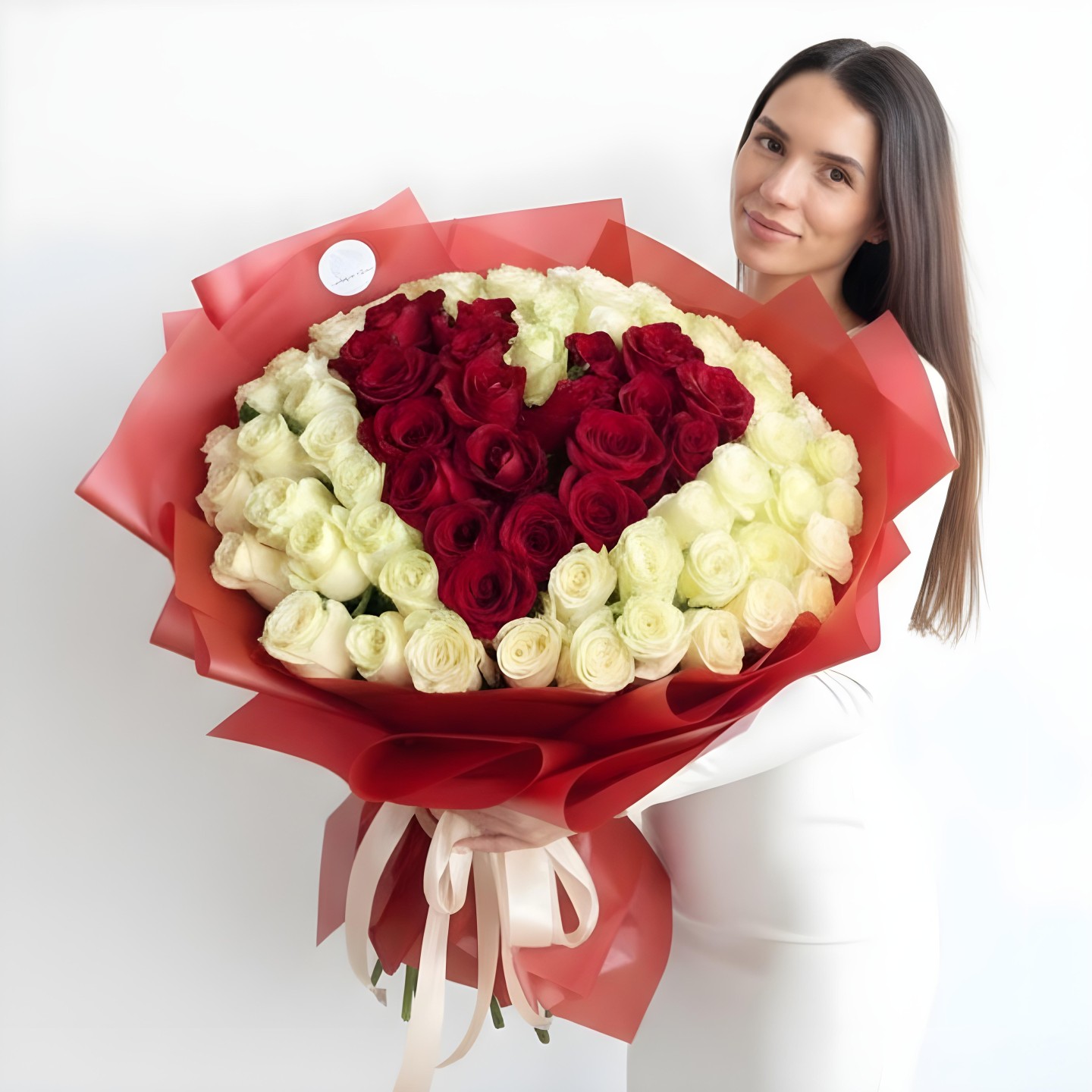 To The Moon And Back Hand-Tied Bouquet – Red & White Rose Arrangement