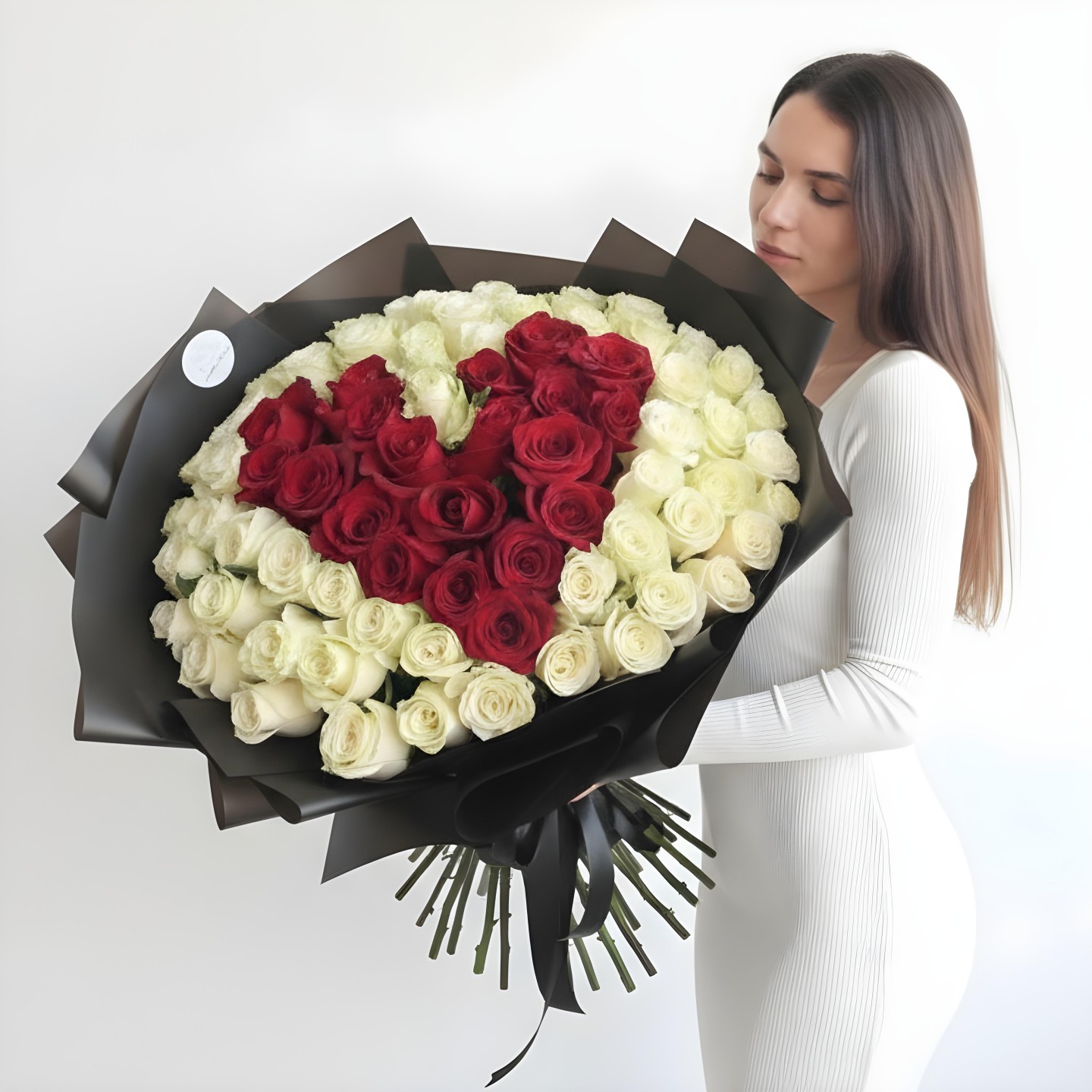 To The Moon And Back Hand-Tied Bouquet – Red & White Rose Arrangement