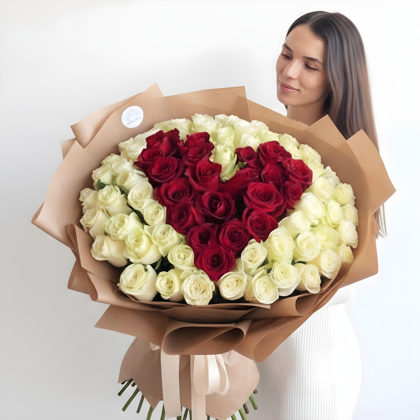 To The Moon And Back Hand-Tied Bouquet – Red & White Rose Arrangement