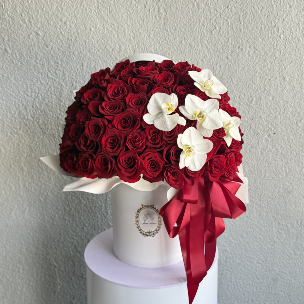 Ruby Cascade Flower Box – Red Roses & White Phalaenopsis Orchids