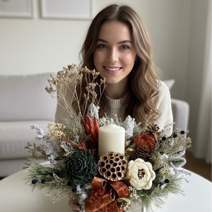 Christmas arrangement with sola wood flowers and birch candle Christmas arrangement with sola wood flowers and birch candle