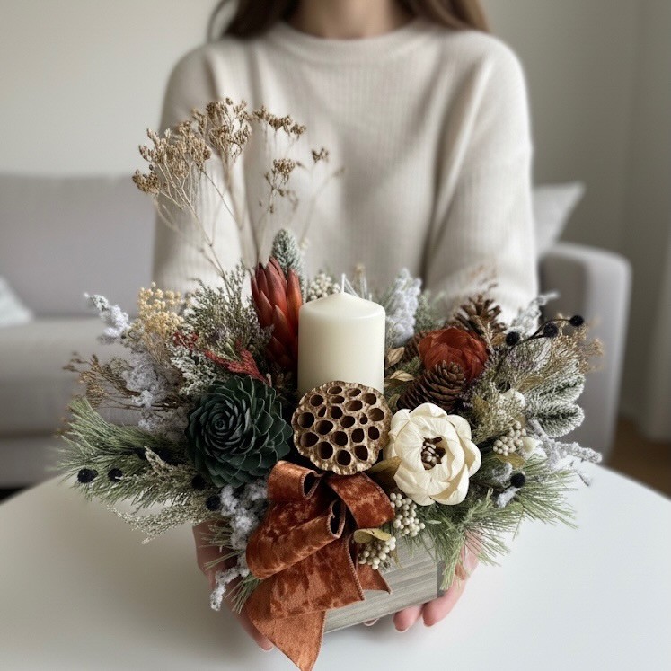 Christmas arrangement with sola wood flowers and birch candle Christmas arrangement with sola wood flowers and birch candle