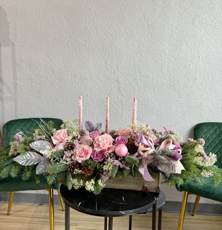 Pink and Purple Long Christmas Fresh Flowers Box With Candles