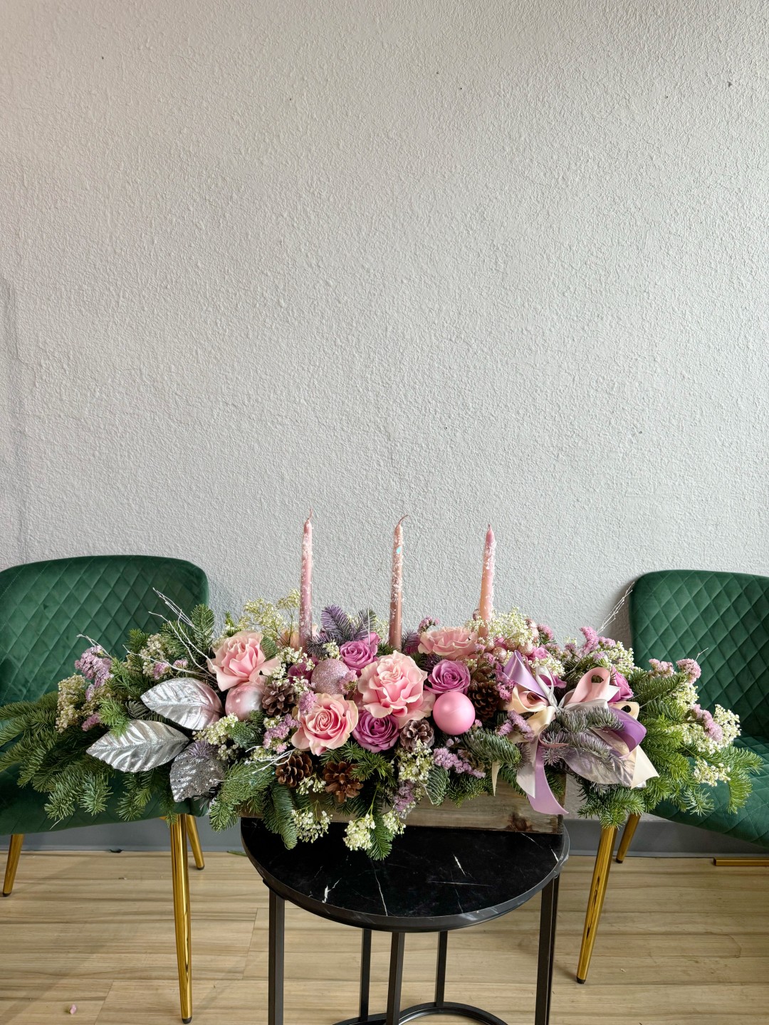 Pink and Purple Long Christmas Fresh Flowers Box With Candles