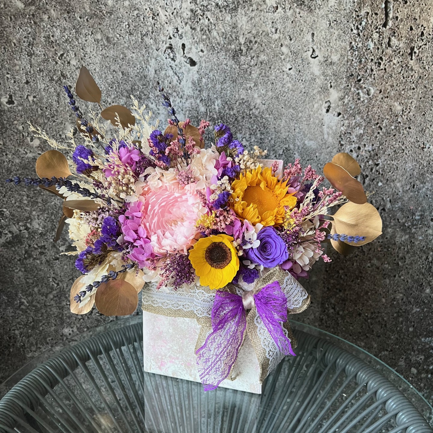 SUNNY Collection Preserved Peony and sunflower box