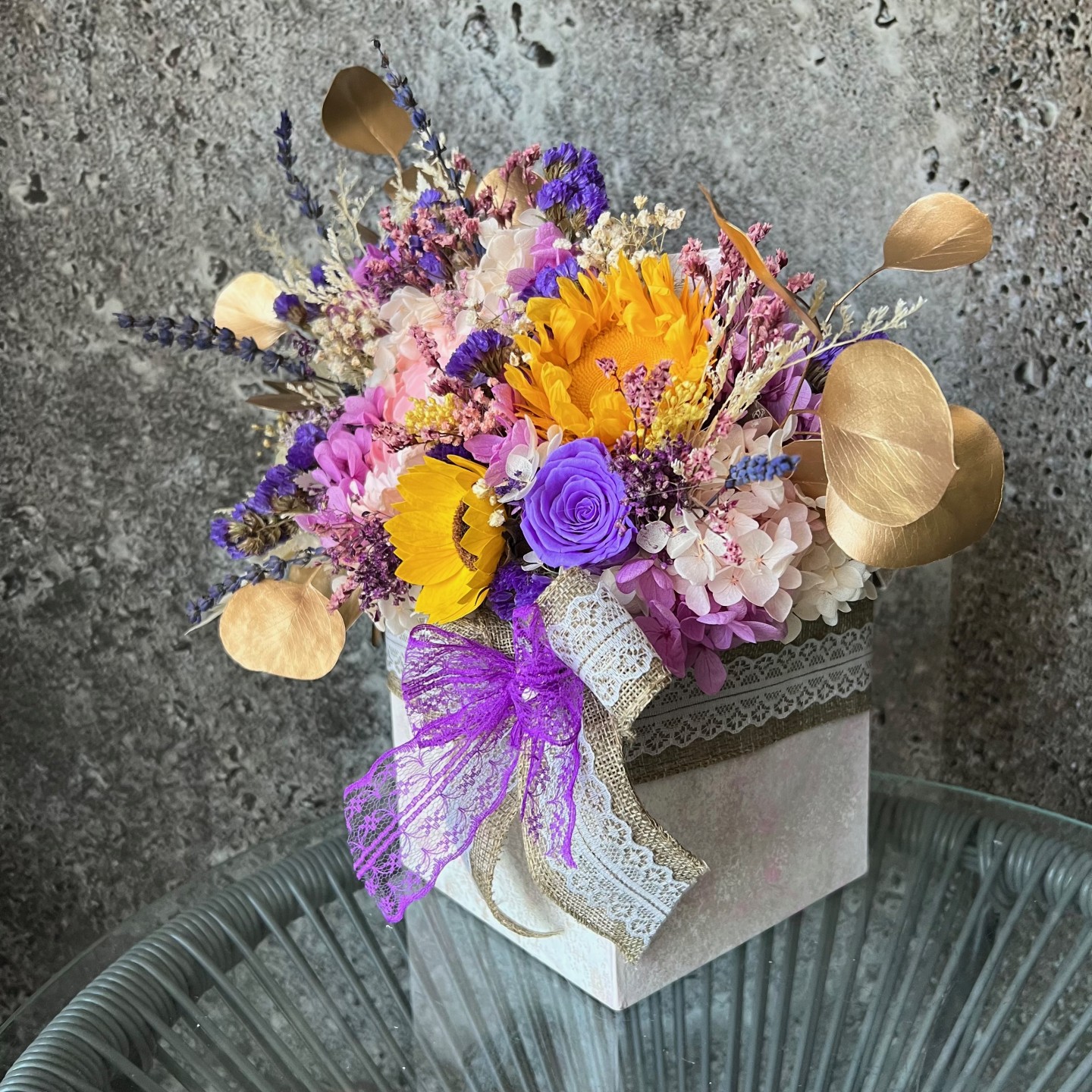 SUNNY Collection Preserved Peony and sunflower box