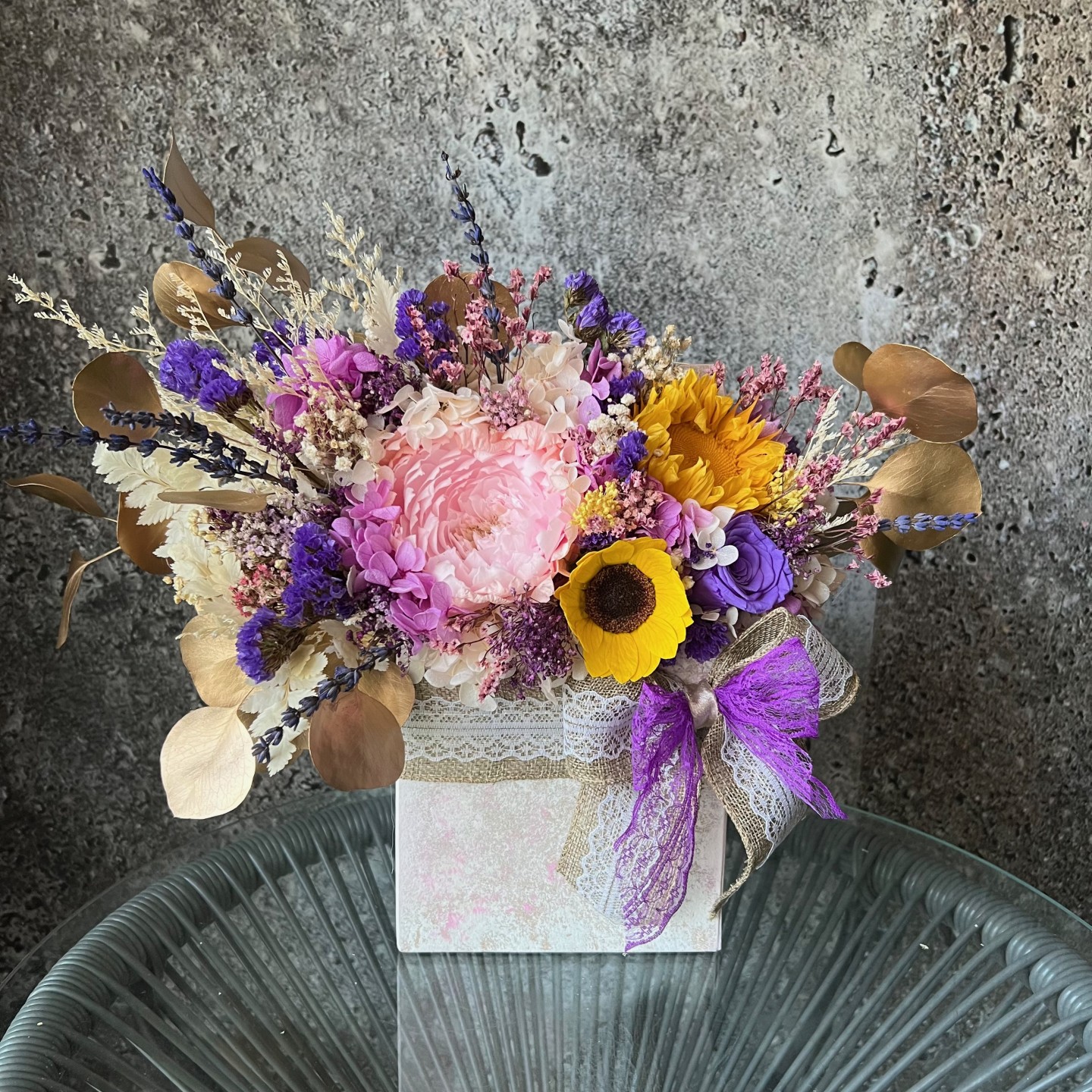 SUNNY Collection Preserved Peony and sunflower box