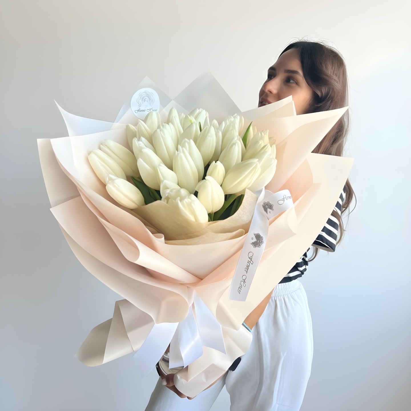 40 White Tulips Hand Tied Bouquet