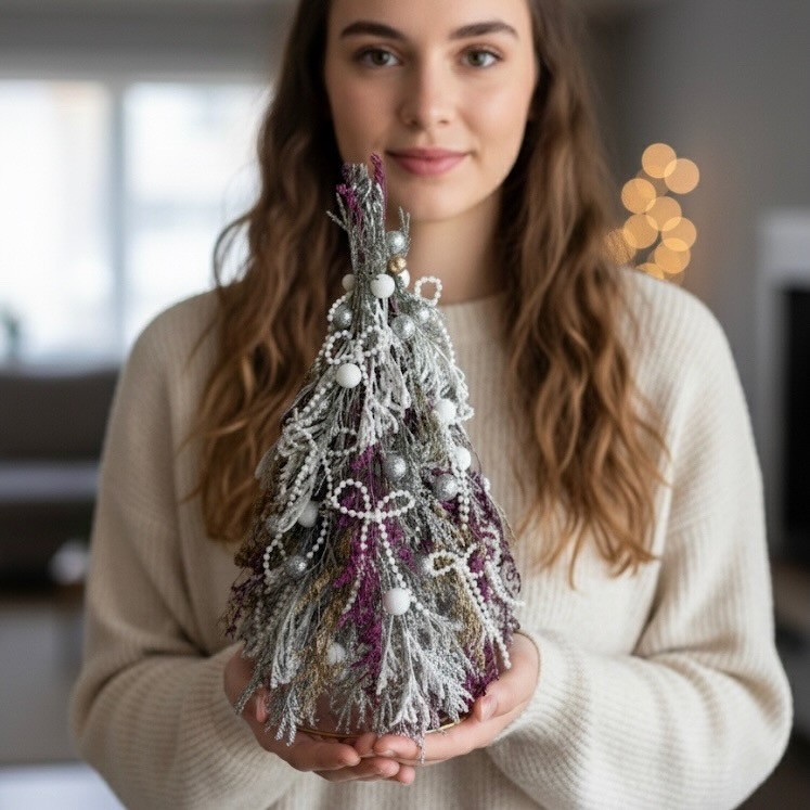 Christmas Tree with Silver Pink dried limonium twigs