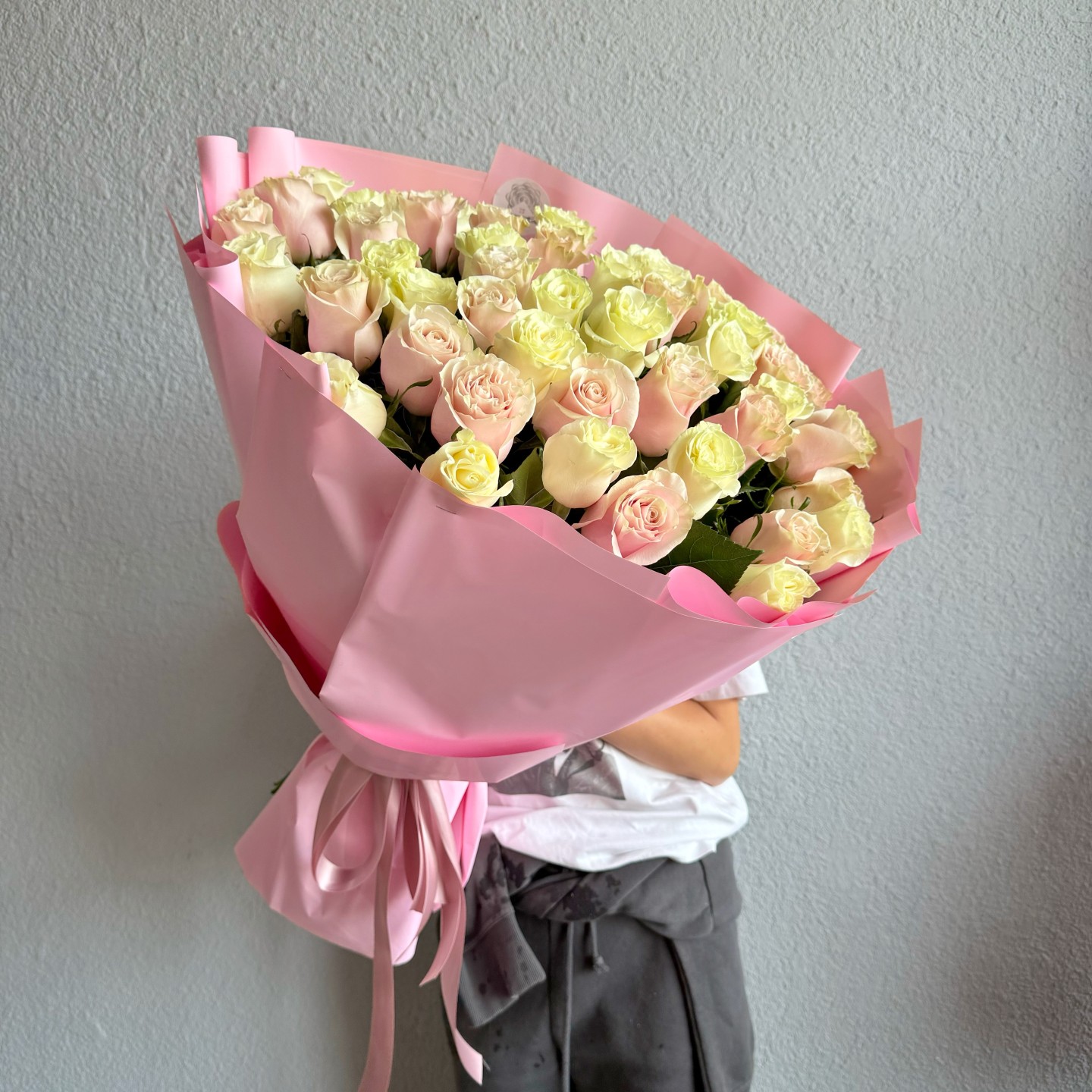 50 Light Pink & White Roses Bouquet