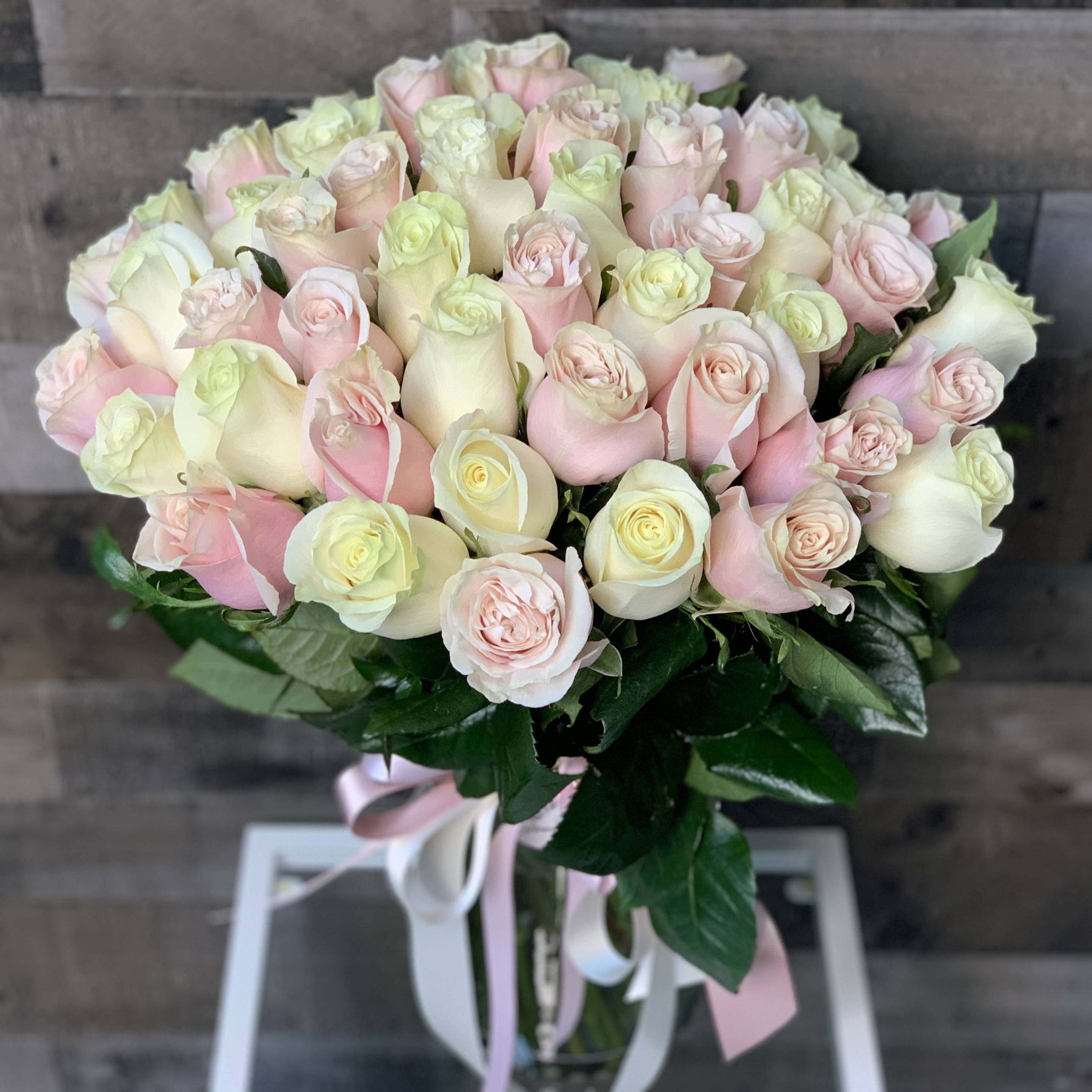 bouquet of white and pink roses