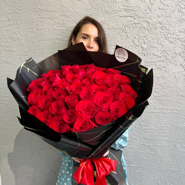 50 Long Stem Red Roses Hand Tied Bouquet