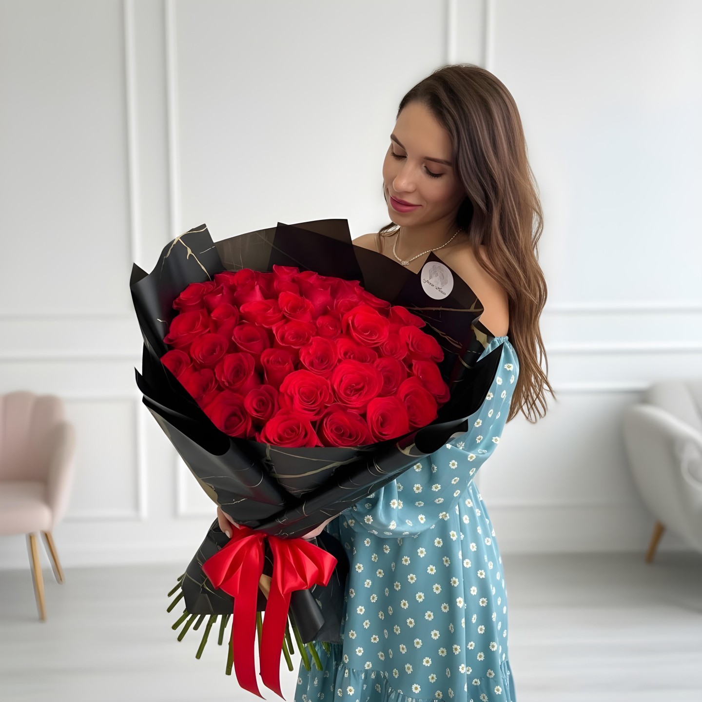 50 Long Stem Red Roses Hand-Tied Bouquet