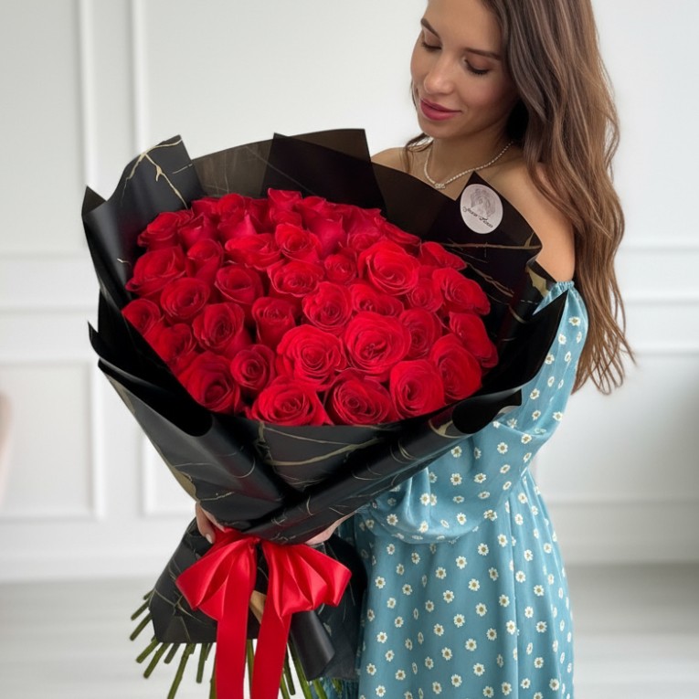 50 Long Stem Red Roses Hand Tied Bouquet