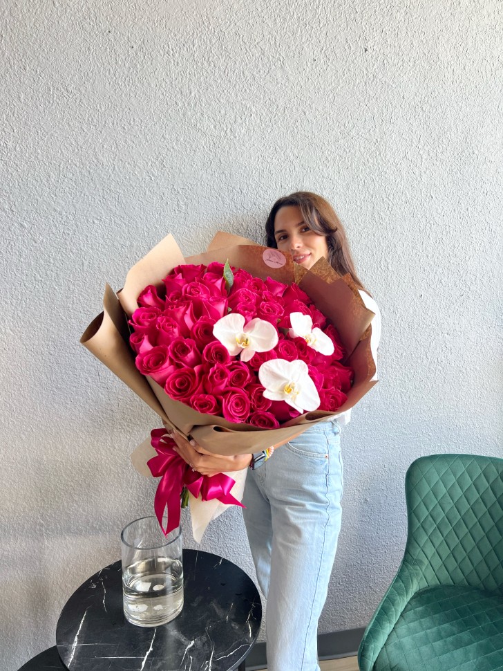 50 Roses With Orchids Hand Tied Flower Bouquet