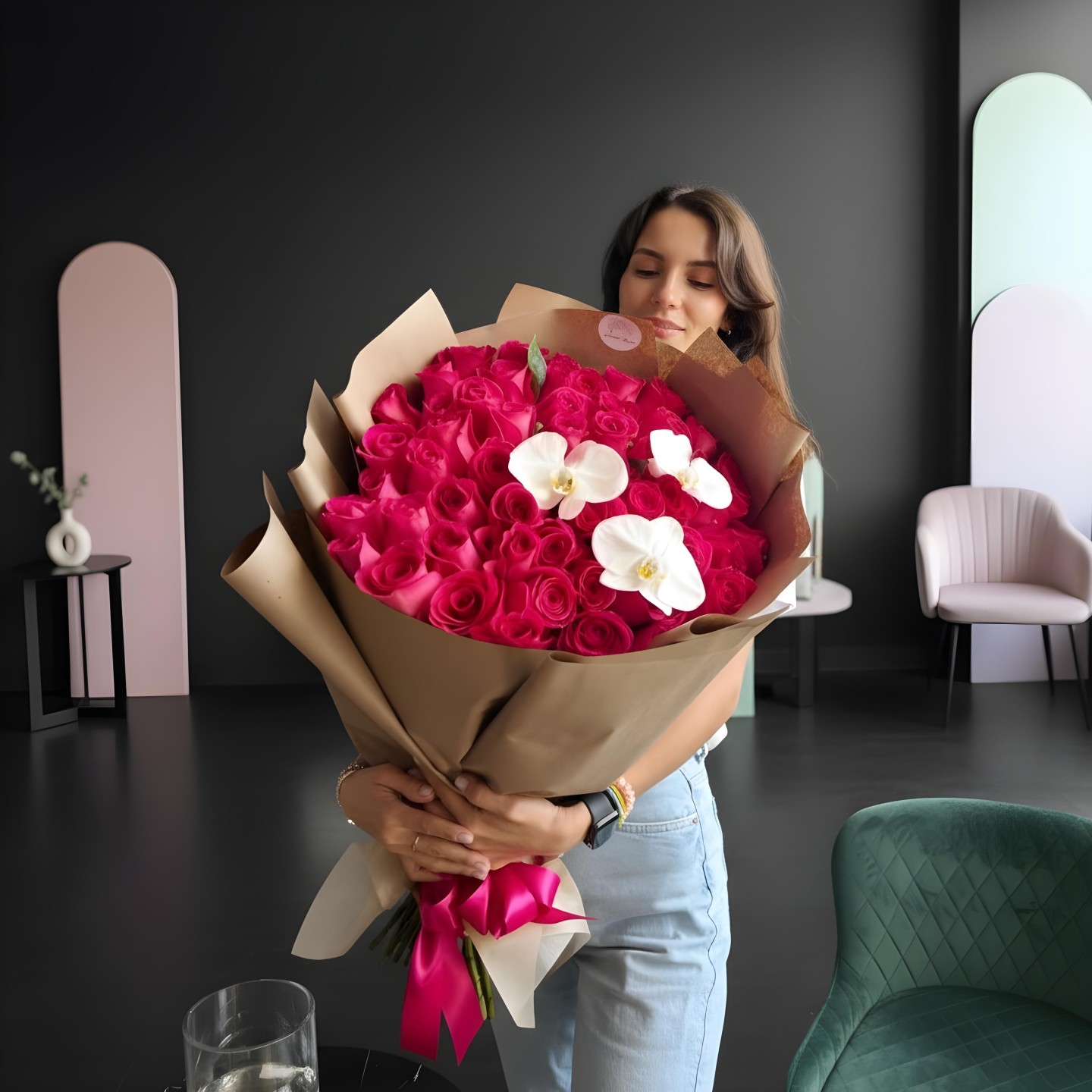 50 Roses & Orchids Hand Tied Flower Bouquet