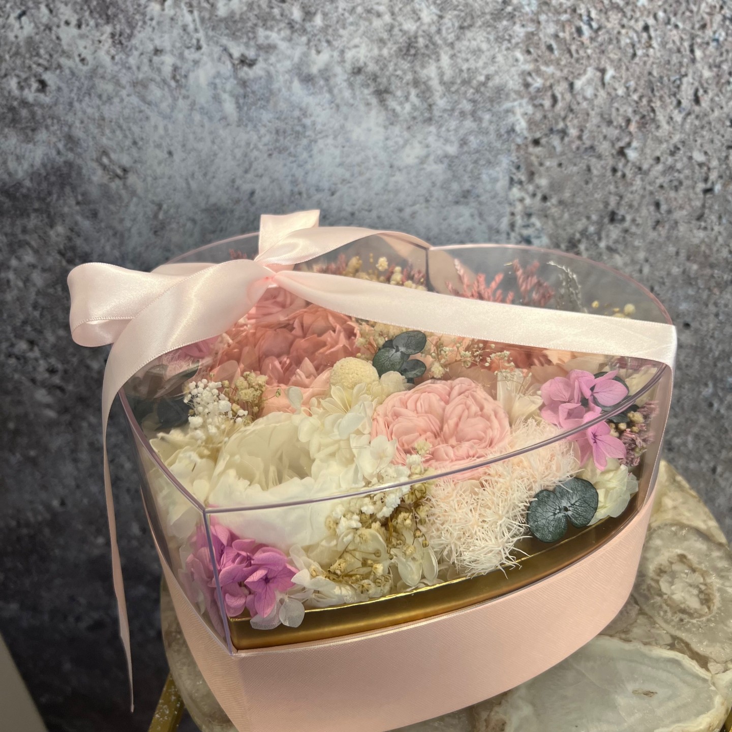 LOVE collection acrylic box with preserved peonies