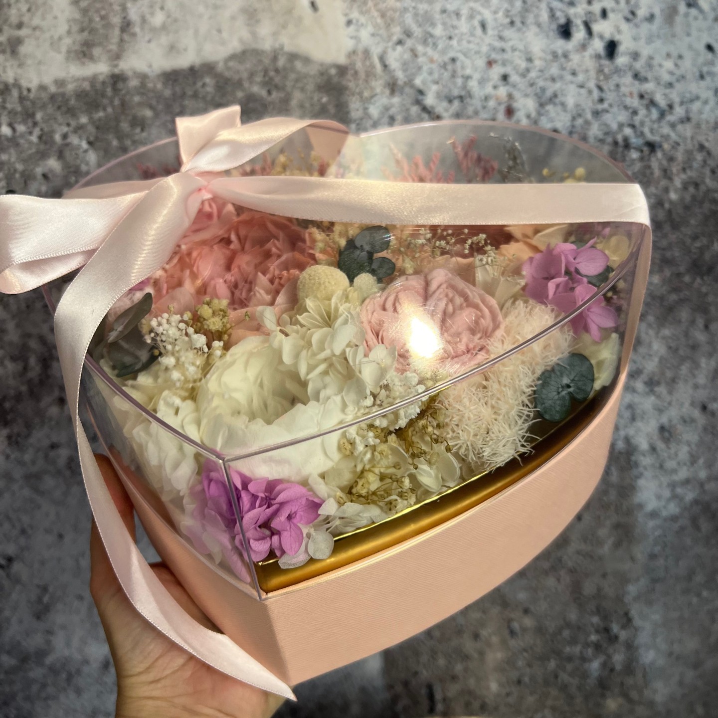 LOVE collection acrylic box with preserved peonies