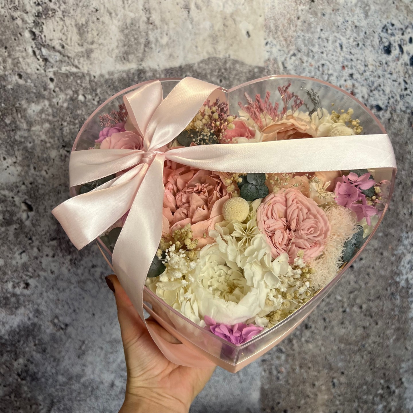 LOVE collection acrylic box with preserved peonies