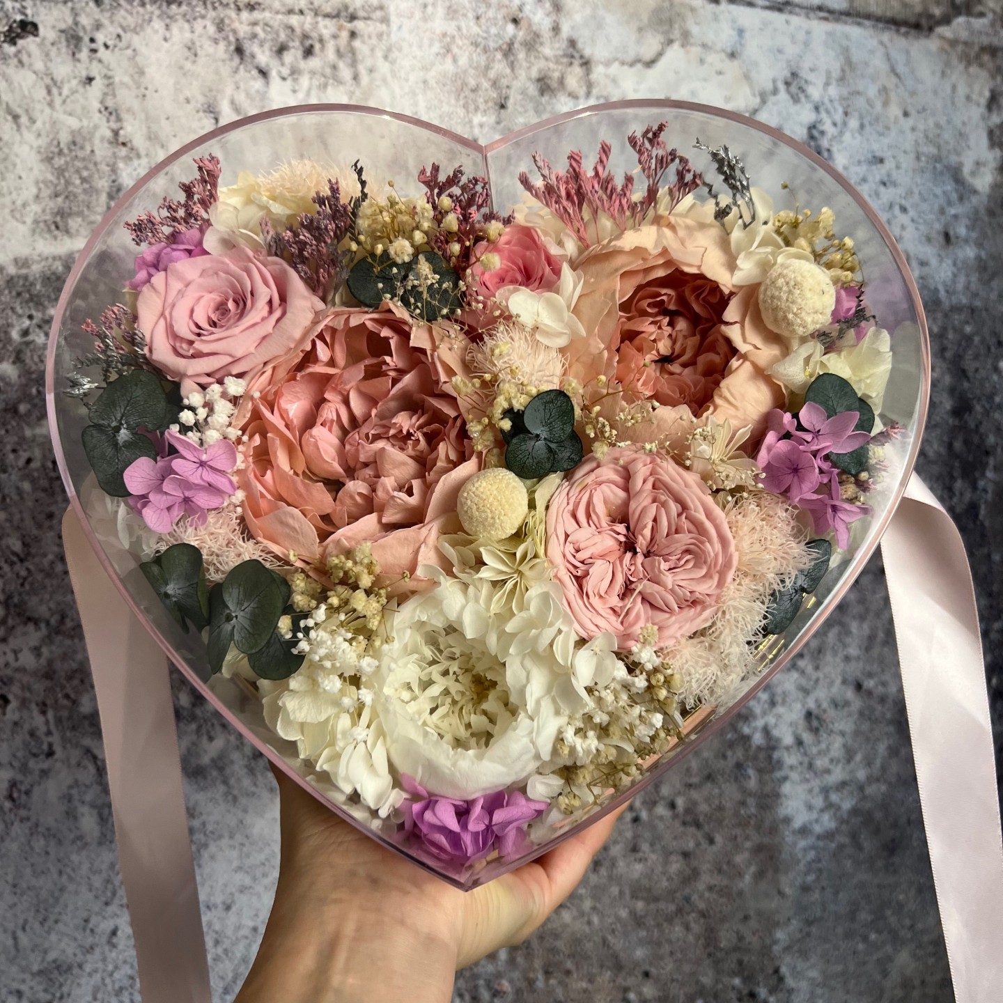 LOVE collection acrylic box with preserved peonies