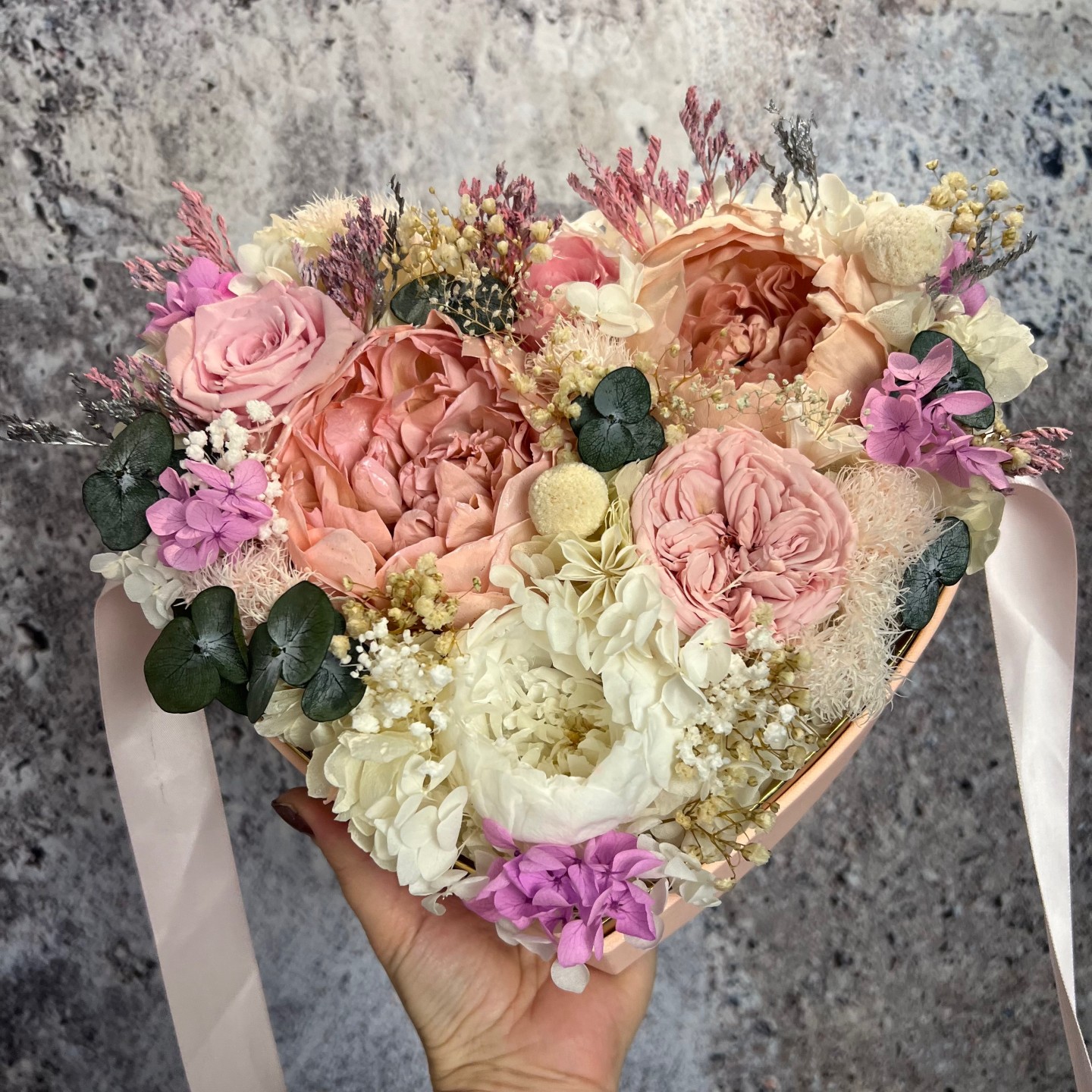 LOVE collection acrylic box with preserved peonies