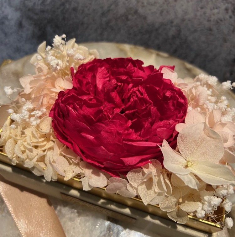 Single preserved hot pink peony in acrylic box