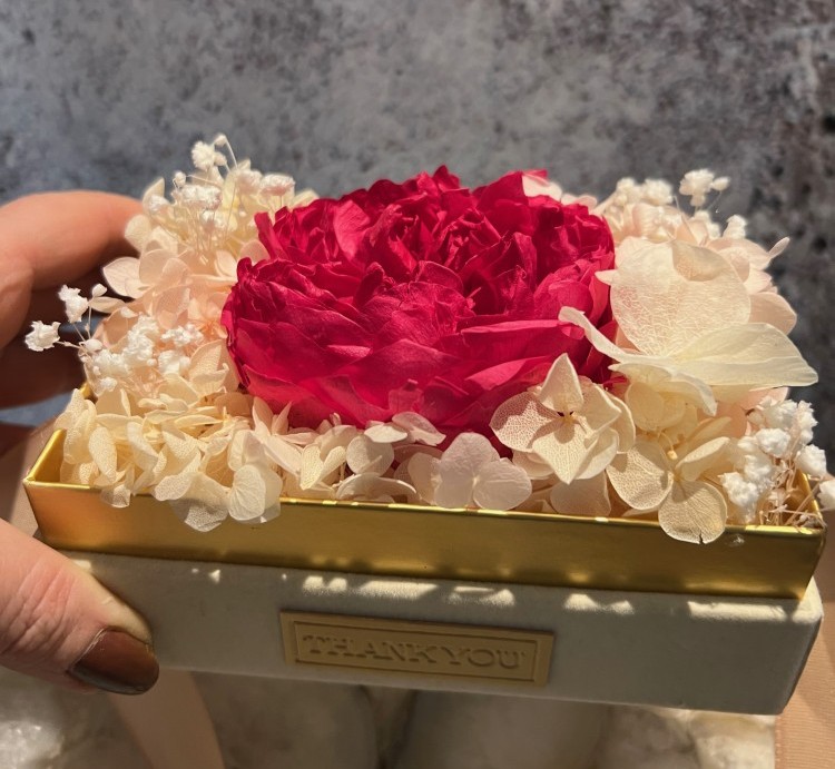 Single preserved hot pink peony in acrylic box
